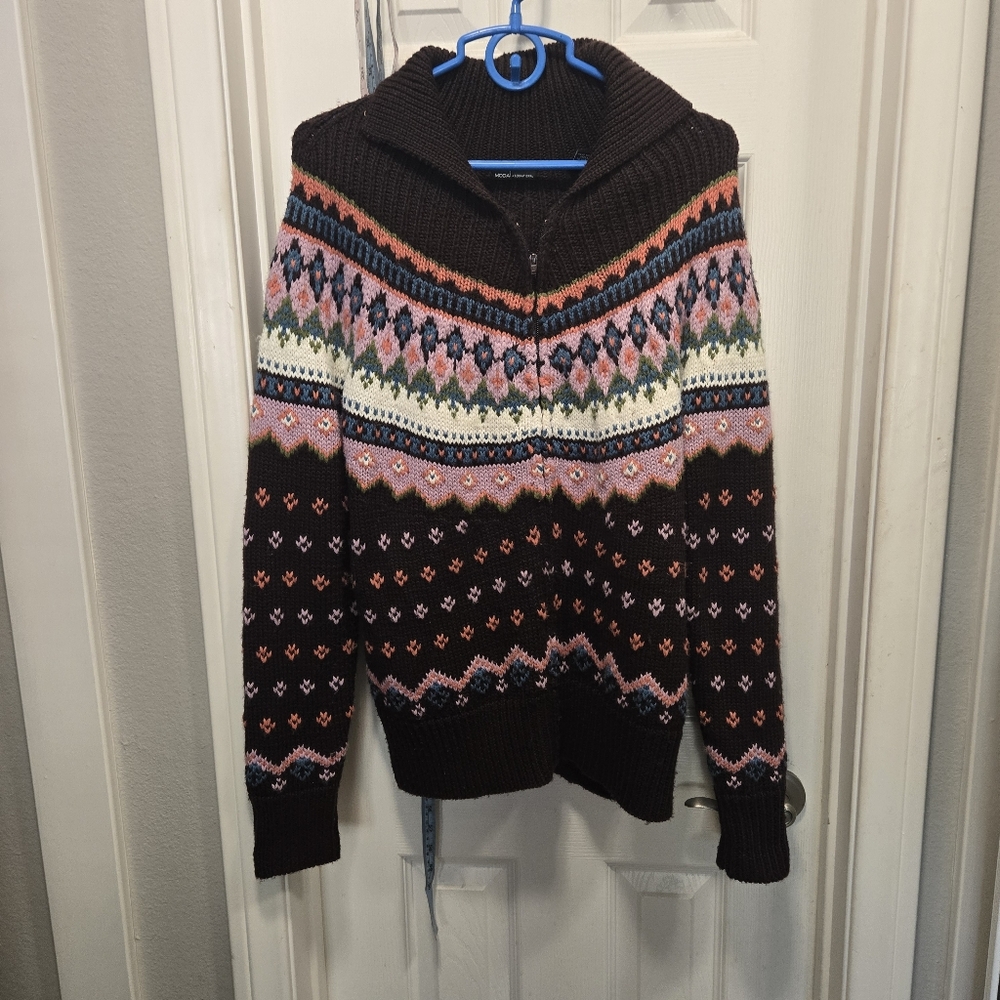 Moda International wool blend Fair Isle knit full-zip cardigan sweater Size L